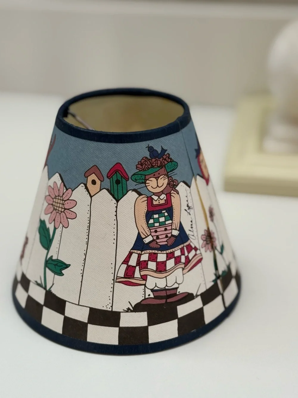 Vintage Alma Lynne Cats Blue and White Folk Art Clip On Lamp Shade